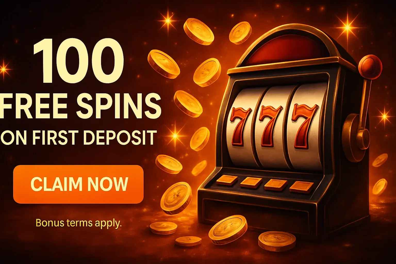 Casino free spins banner with slot machine, coins, and claim button