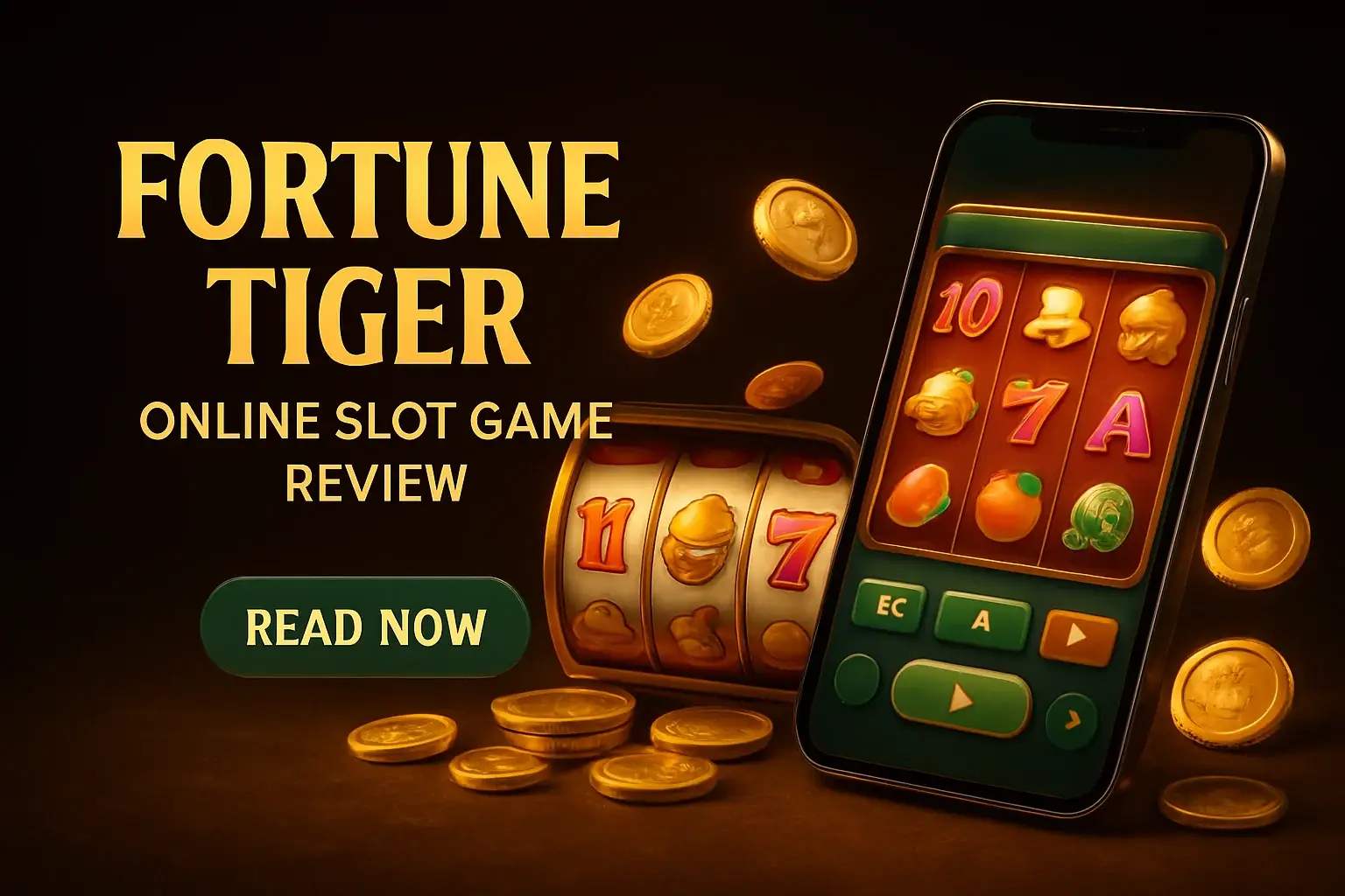 Fortune Tiger Banner Premium Fortune Tiger slot review banner with reels, coins, and mobile