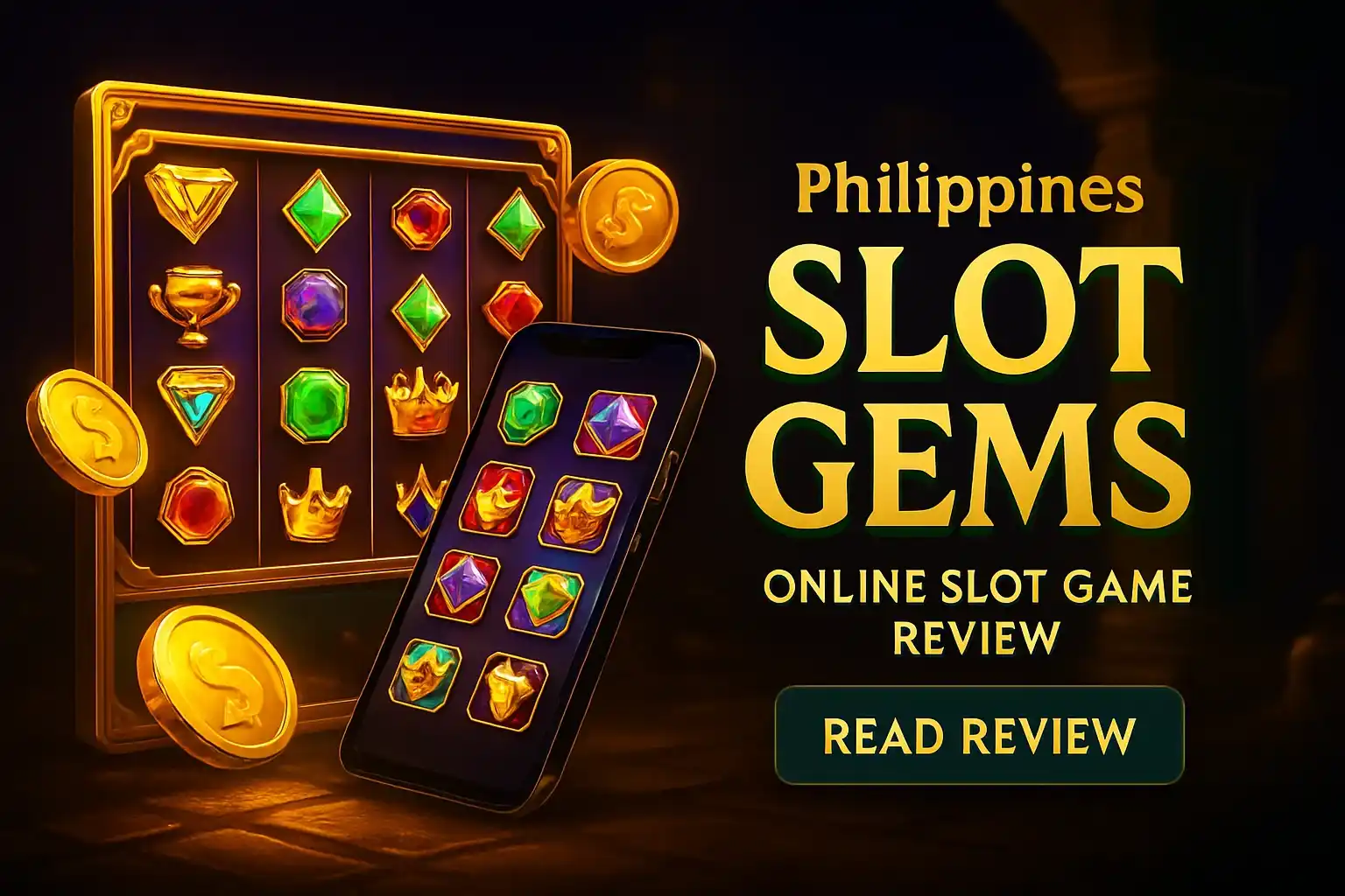 Premium slot review banner for Philippines with reels, coins, and mobile