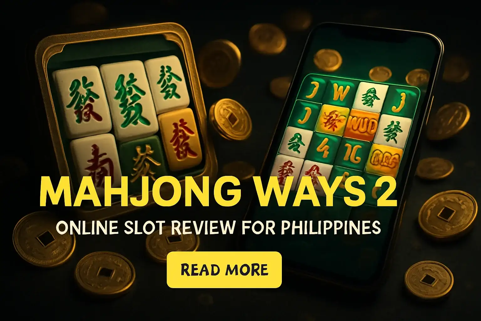 Mahjong Ways 2 Banner Premium dark slot review banner with reels, coins, and mobile interface