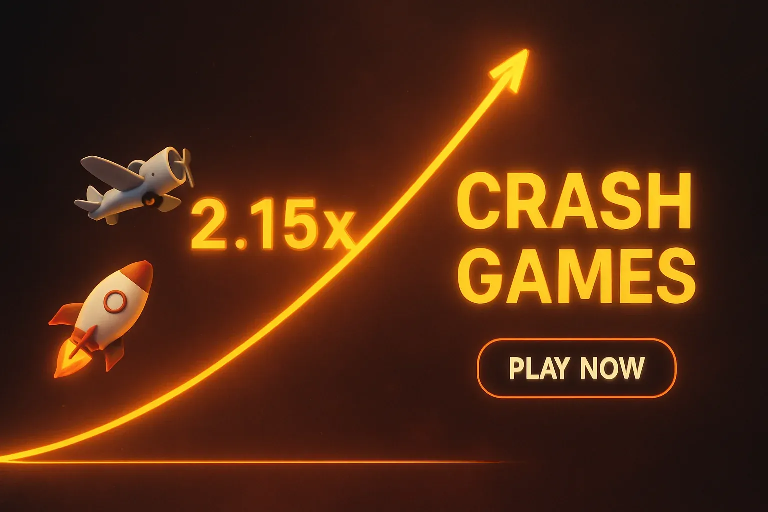 Neon crash games banner with glowing graph, plane, rocket, and CTA