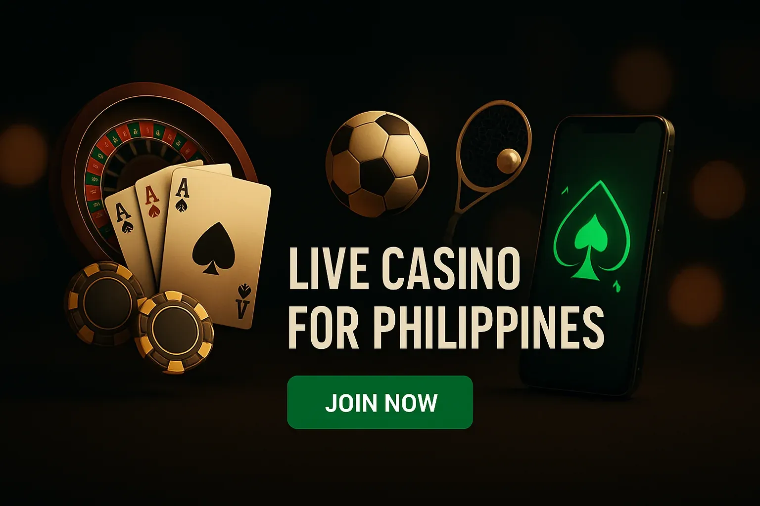 Premium dark live casino banner with gaming tiles, sports, and mobile app motifs