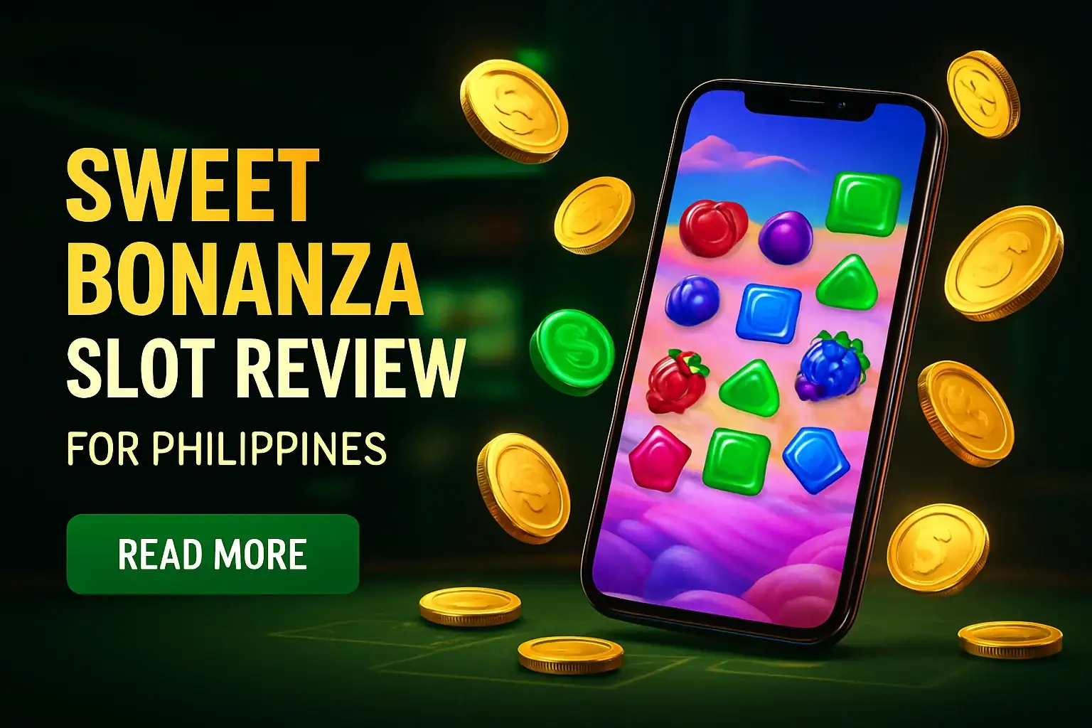 Online slot review banner with colorful reels, coins, and mobile interface